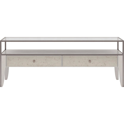 Mezzanine Rectangular Cocktail Table by A.R.T. Furniture in dove gray. Made from parawood, poplar solids, maple veneer, mirror, glass, steel in a modern style.