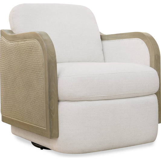 Wilma Swivel Chair by Hooker Furniture in halston white and light wood, rattan. Made from fabric in a transitional style.