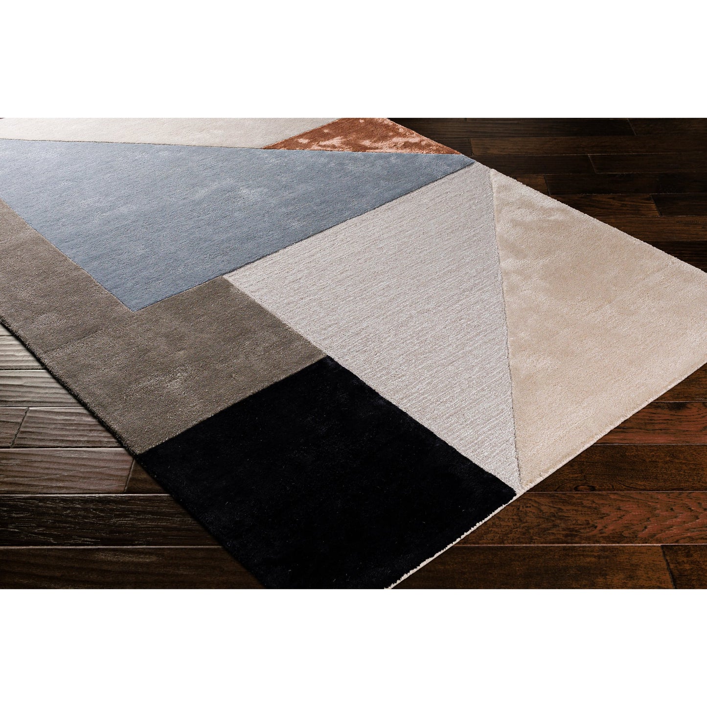 005 SI-1882218 | Closeup | Glasgow Rug by Surya in gray, light gray, denim, black, light beige, camel. Made from 60% viscose, 40% wool in a modern style.