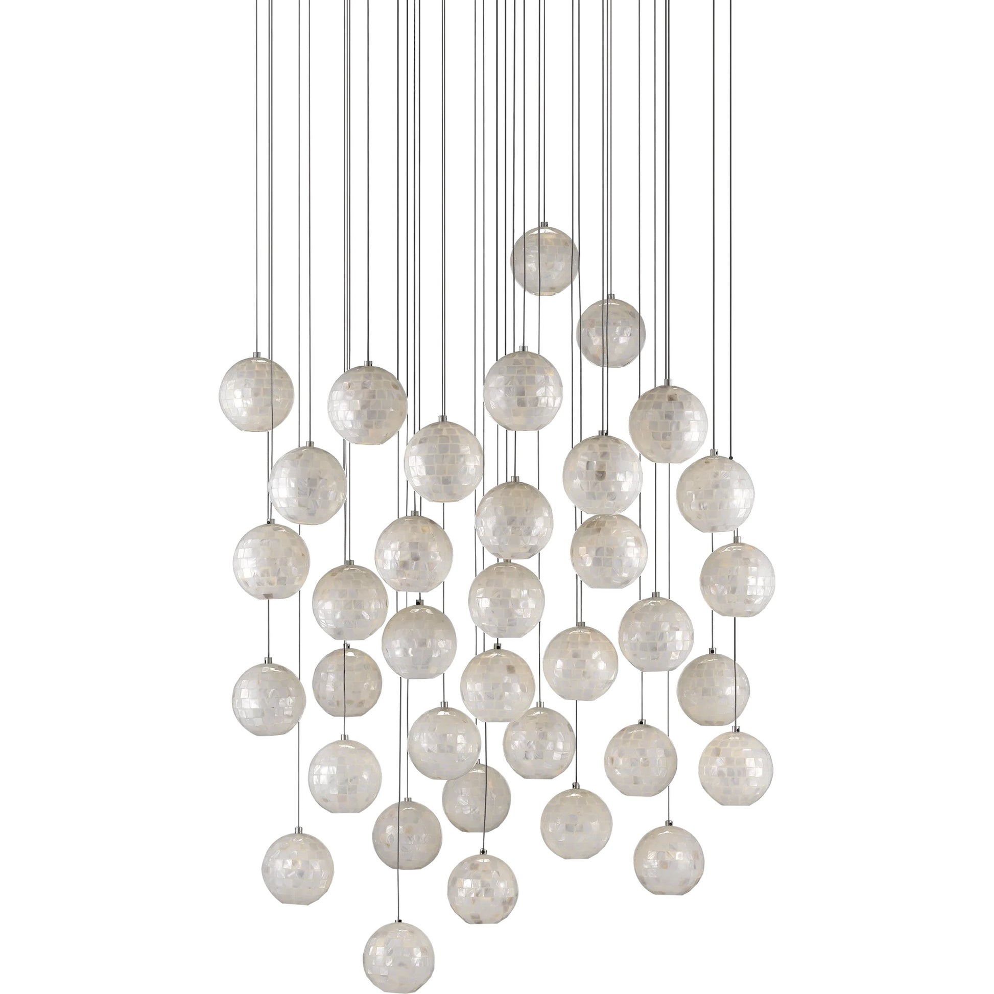 Finhorn 36-Light Round Multi-Drop Pendant by Currey and Company in painted silver, pearl. Made from metal, mother of pearl in a modern style.
