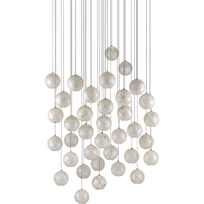 Finhorn 36-Light Round Multi-Drop Pendant by Currey and Company in painted silver, pearl. Made from metal, mother of pearl in a modern style.