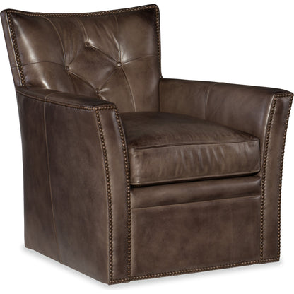 Conner Swivel Club Chair by Hooker Furniture in brown and heavy metal gamma. Made from leather in a traditional style.