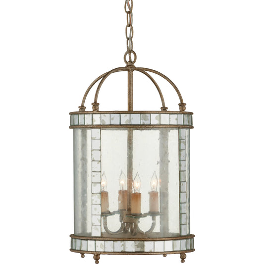 Corsica Lantern by Currey and Company in harlow silver leaf. Made from wrought iron, glass, mirror in a traditional style.