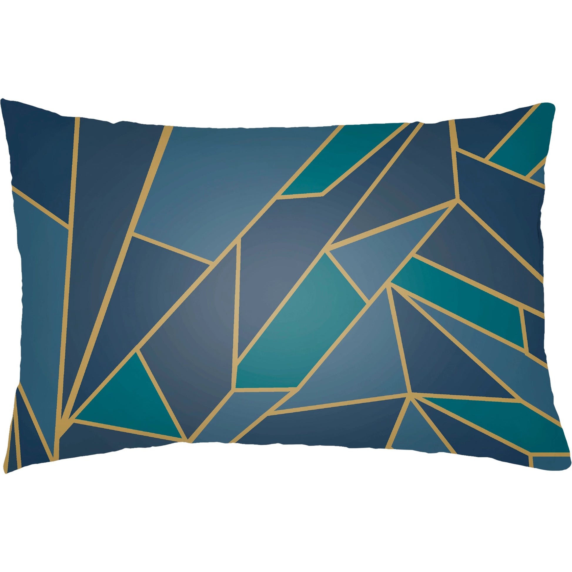 Geometric Shatter Pillow - 13616 by Livabliss in dark blue, metallic gold, blue, navy, teal. Made from front: 100% polyester, back: 100% polyester, fill: polyester, polyfill in a modern style.