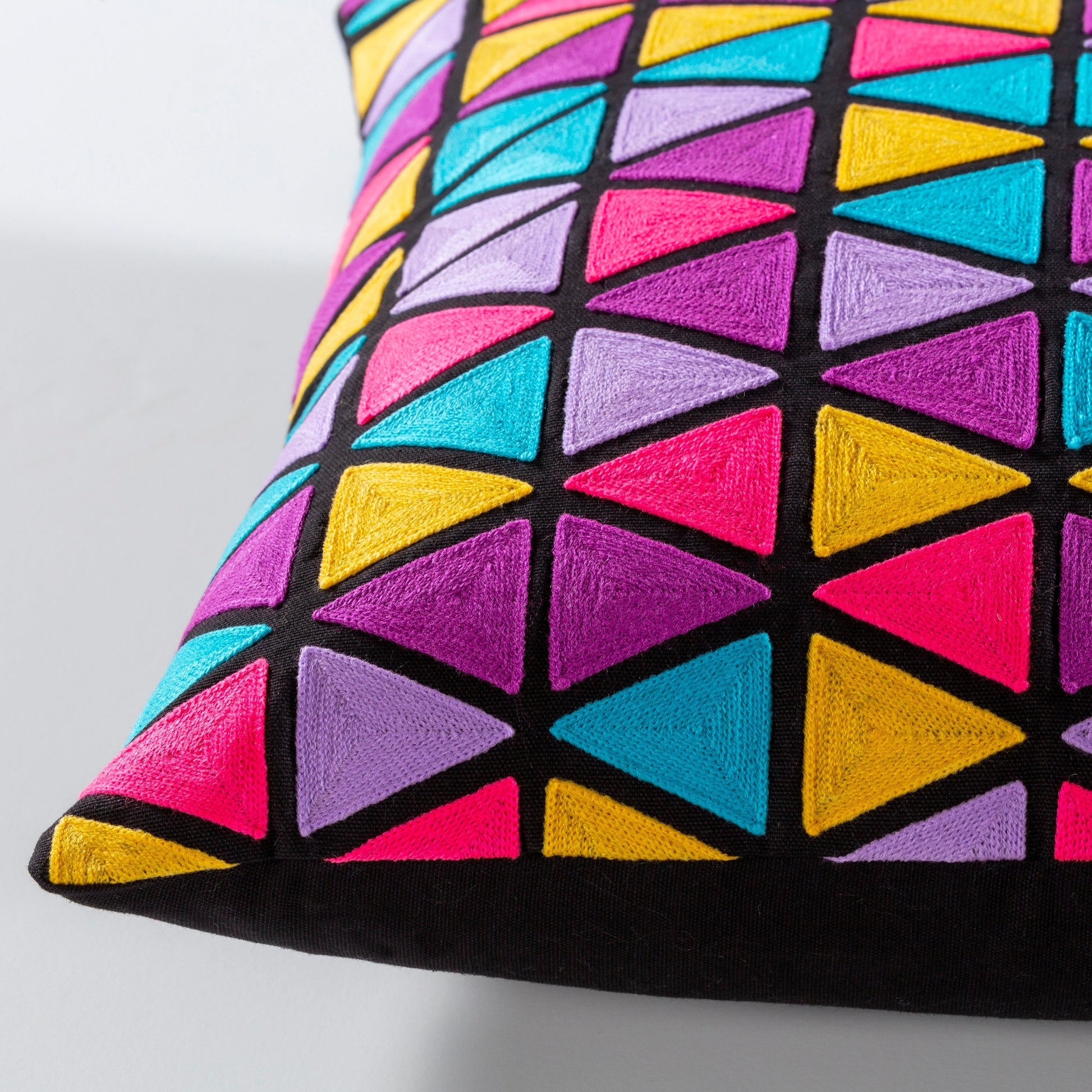 Geometry Pillow - 15980 by Surya in black, aqua, lilac, pink, magenta, saffron. Made from 100% cotton in a eclectic & global style.