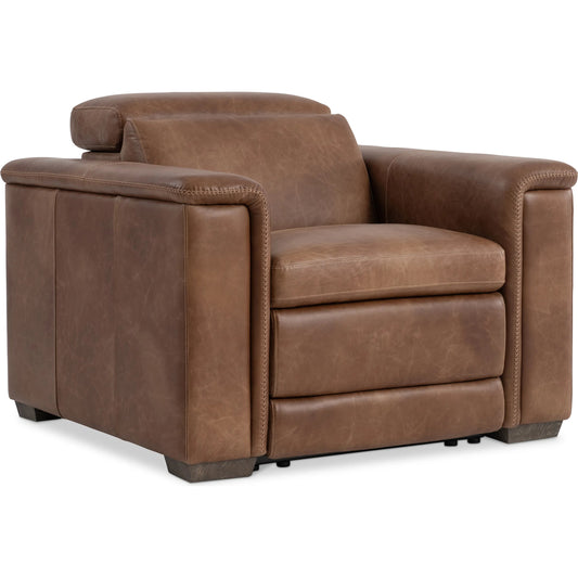 Lioni Leather Power Motion Chair by Bernhardt in brown. Made from leather in a traditional style.