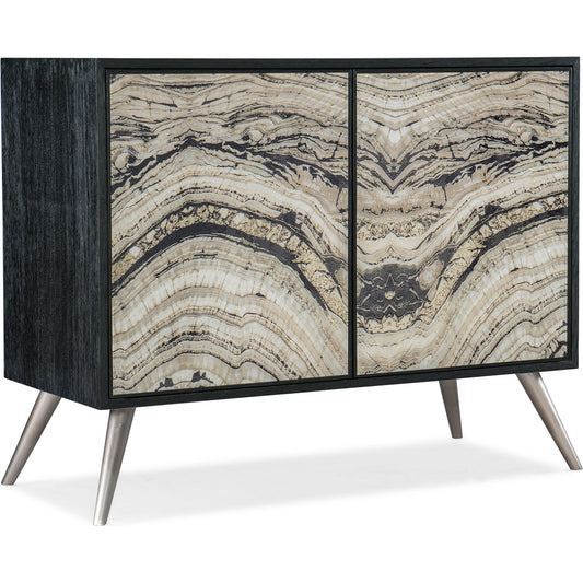 Melange Rockee Two Door Chest by Hooker Furniture in black. Made from oak veneers with glass, stainless steel in a modern style.