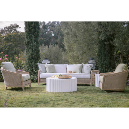Cambria Outdoor Sofa by Sunset West in light wood. Made from teak in a rustic style.