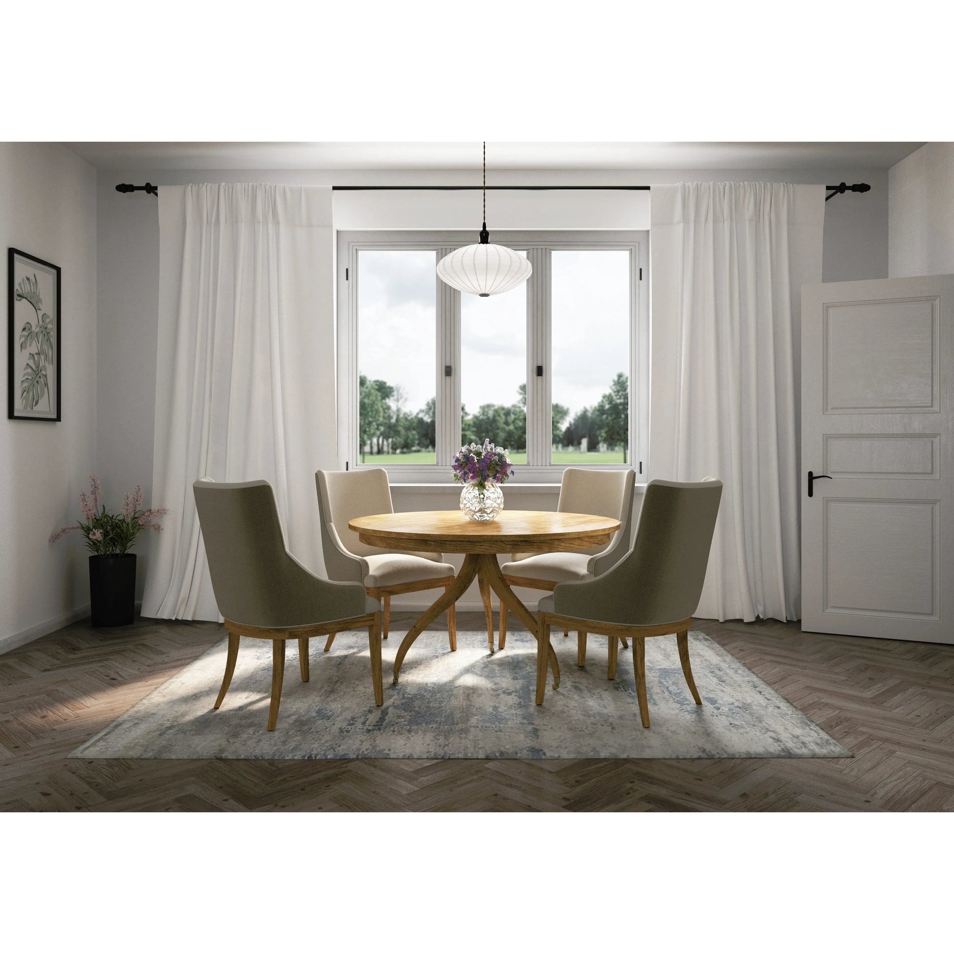 Timeless Solar Spider Leg Pedestal Dining Table by Jonathan Charles in sun bleached cherry. Made from cherry, brass in a modern style.