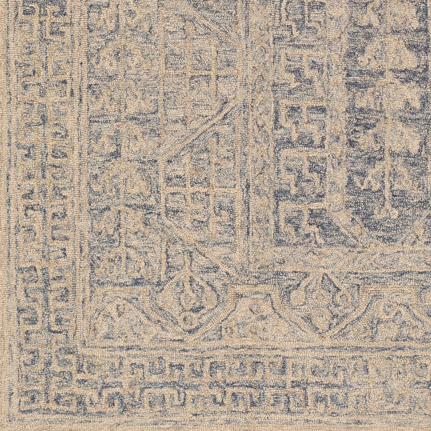 011 SI-1850999,SI-1851000,SI-1851001,SI-1851002,SI-1851003,SI-1851006,SR-880134,SR-880135 | Closeup | Granada Rug - 24532 by Livabliss in navy, light blue, ivory. Made from 100% wool in a unique style.