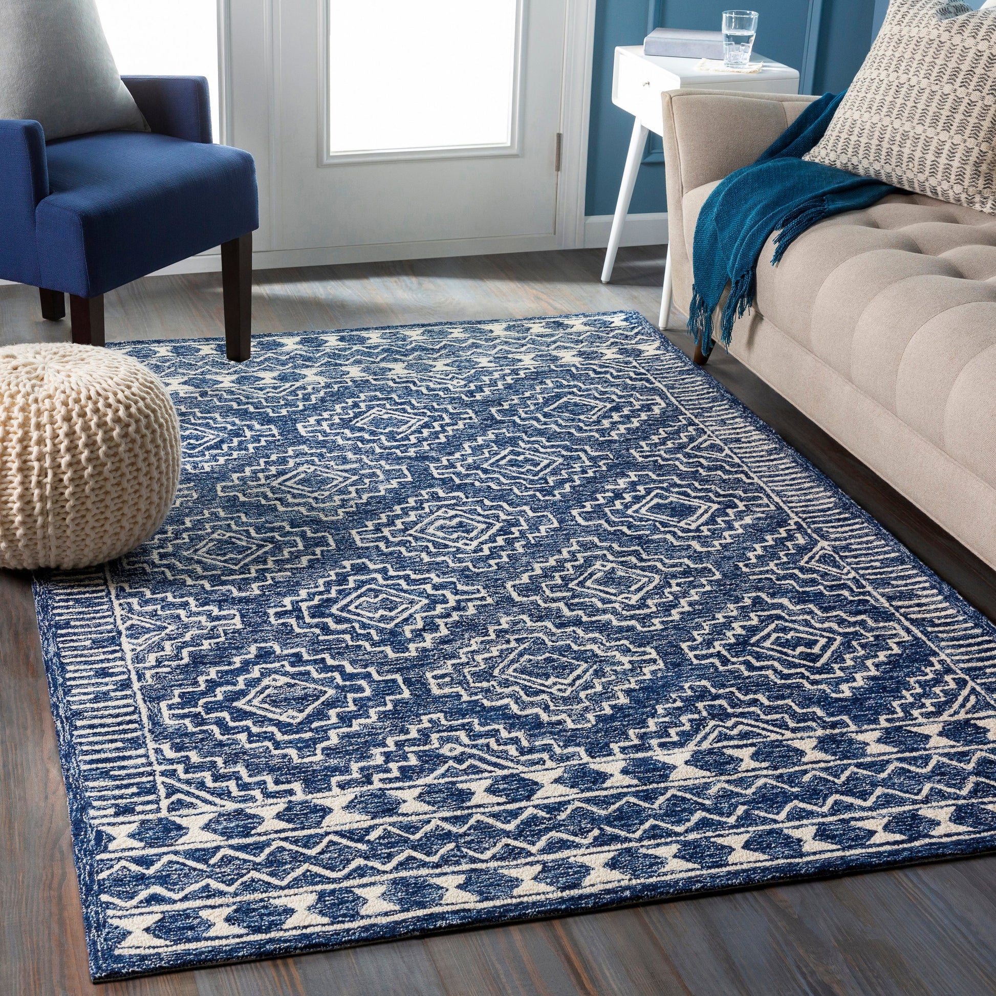 Granada Rug - 24536 by Livabliss in navy, light blue, beige. Made from 100% wool in a unique style.