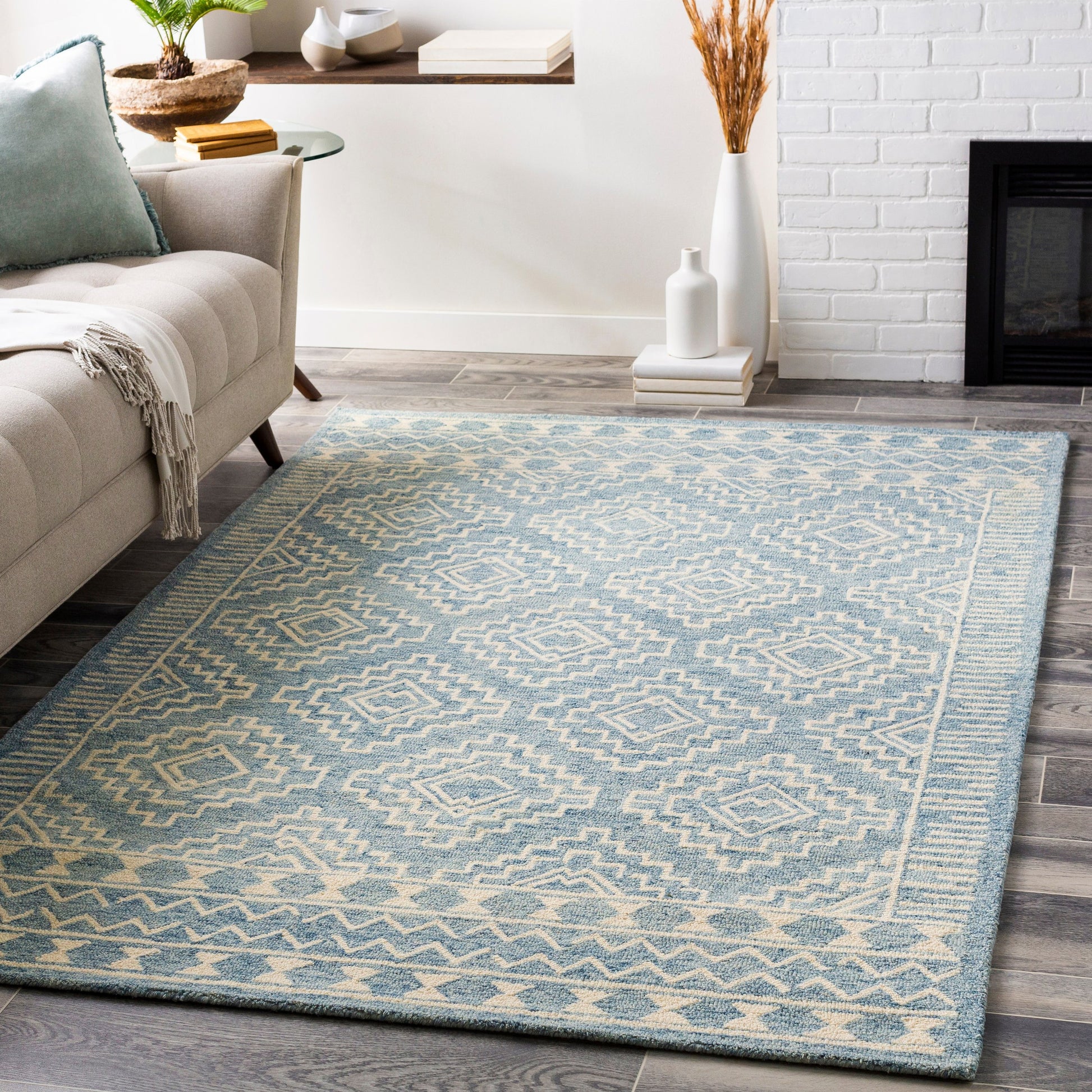 Granada Rug - 24536 by Livabliss in navy, light blue, beige. Made from 100% wool in a unique style.