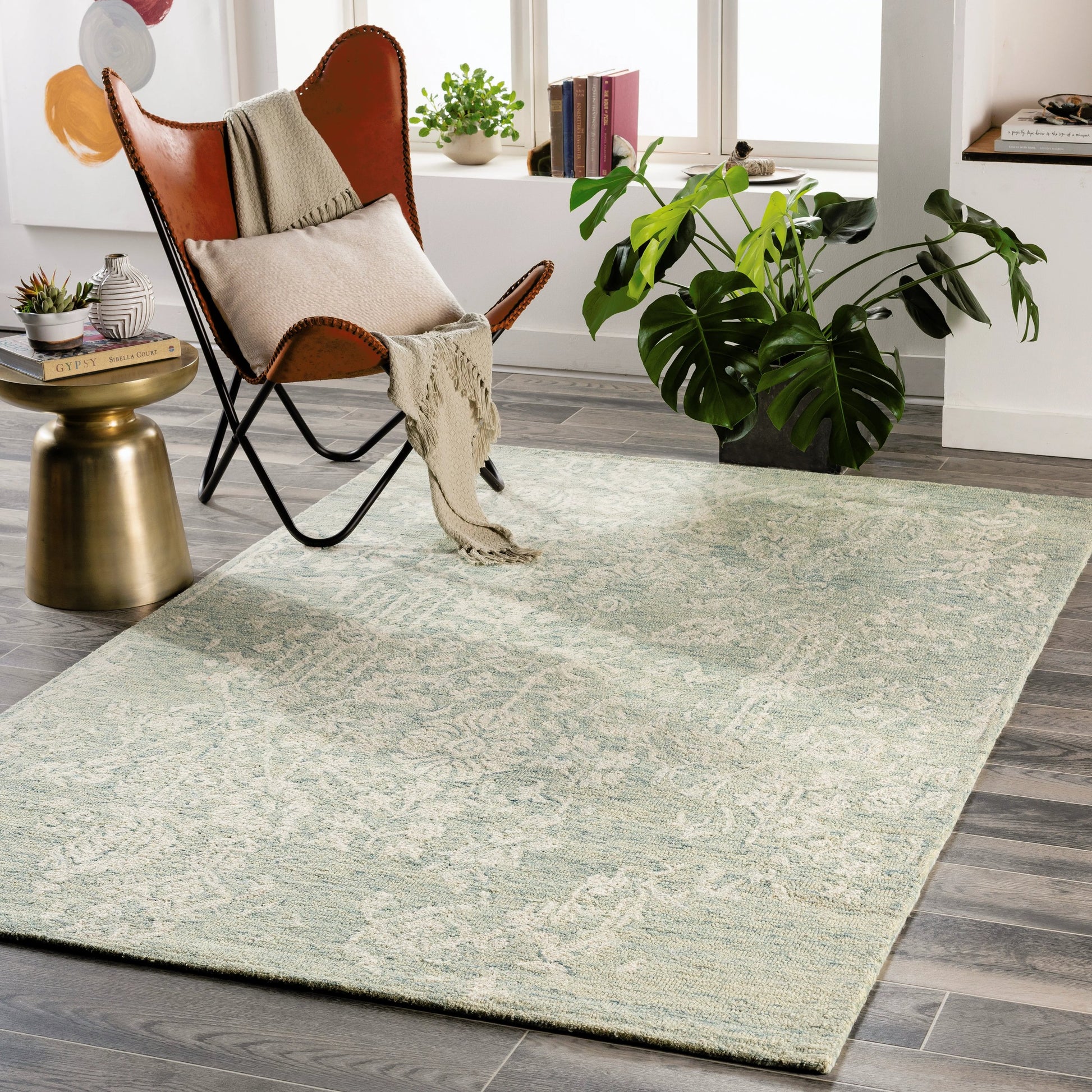 Granada Rug - 29983 by Livabliss in teal, light green, cream. Made from 100% wool in a unique style.