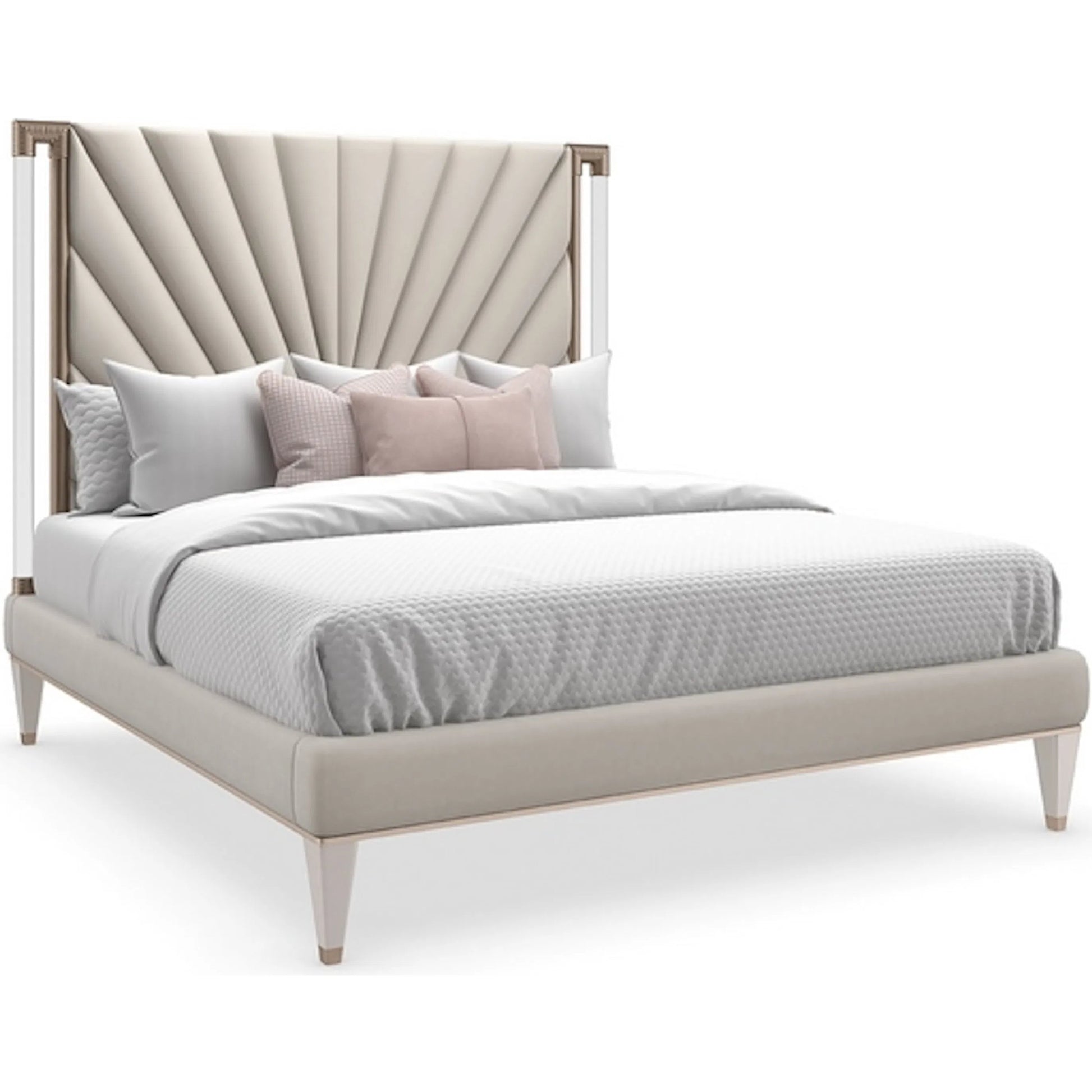 Upholstered Queen Bed by Caracole in acrylic, golden shimmer and golden shimmer, bronze gold metal. Made from birch, acrylic, maple in a unique style.