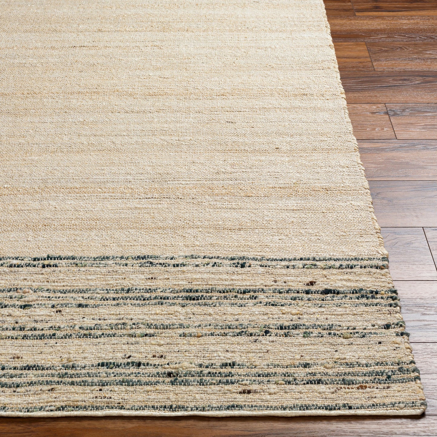 004 SI-1882128,SI-1882130,SI-1882131,SI-1882133 | Closeup | Geneva GNV-2303 Rug by Surya in beige, dark green, light sage, tan. Made from 60% jute, 40% wool in a unique style.