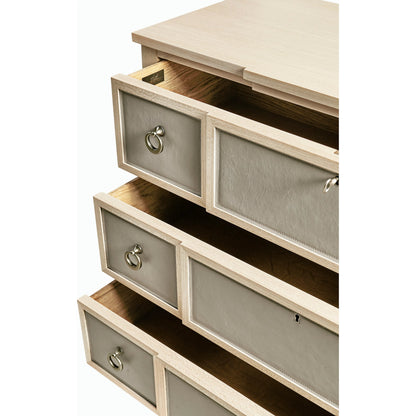 Water Neap Leather Front Chest by Jonathan Charles in ash blonde. Made from died koto veneer, leather, brass in a transitional style.