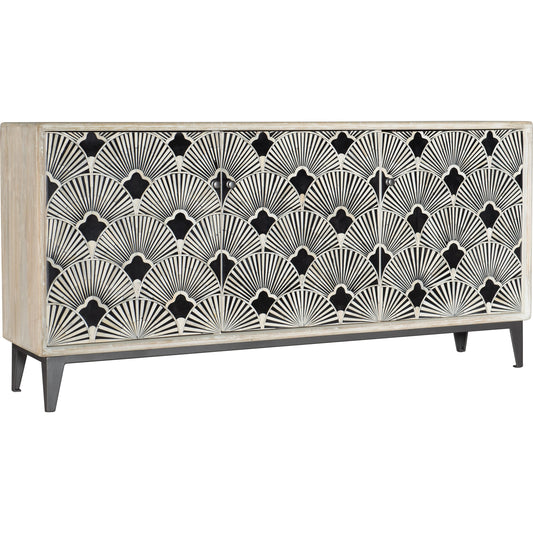 Entertainment Center by Hooker Furniture in light natural. Made from mango wood with bone inlay, metal in a coastal style.
