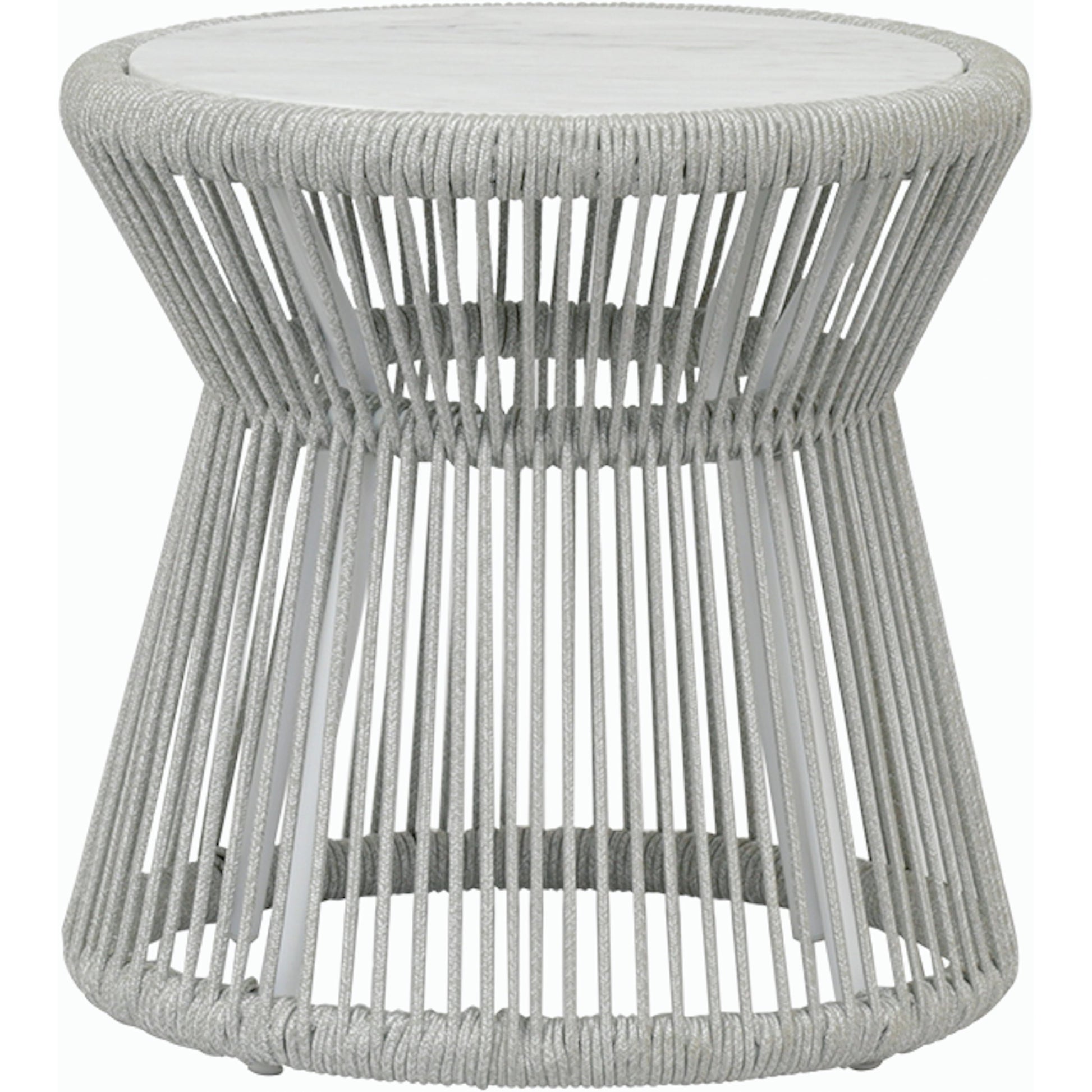 Miami Outdoor End Table by Sunset West in frost. Made from olefin rope in a coastal style.