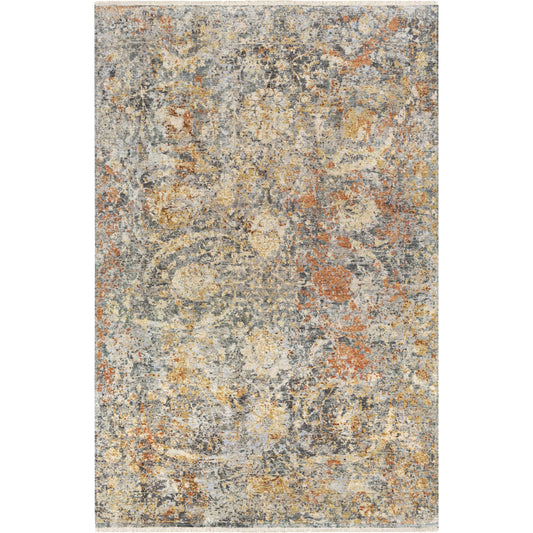 Govandi Rug - 22550 by Surya in burnt orange, medium brown, light olive, charcoal, dark blue, light beige. Made from 70% silk, 30% wool in a unique style.