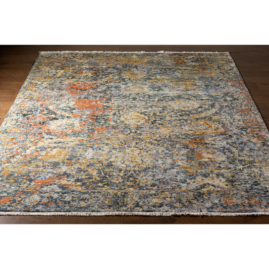 Govandi Rug - 22550 by Surya in burnt orange, medium brown, light olive, charcoal, dark blue, light beige. Made from 70% silk, 30% wool in a unique style.