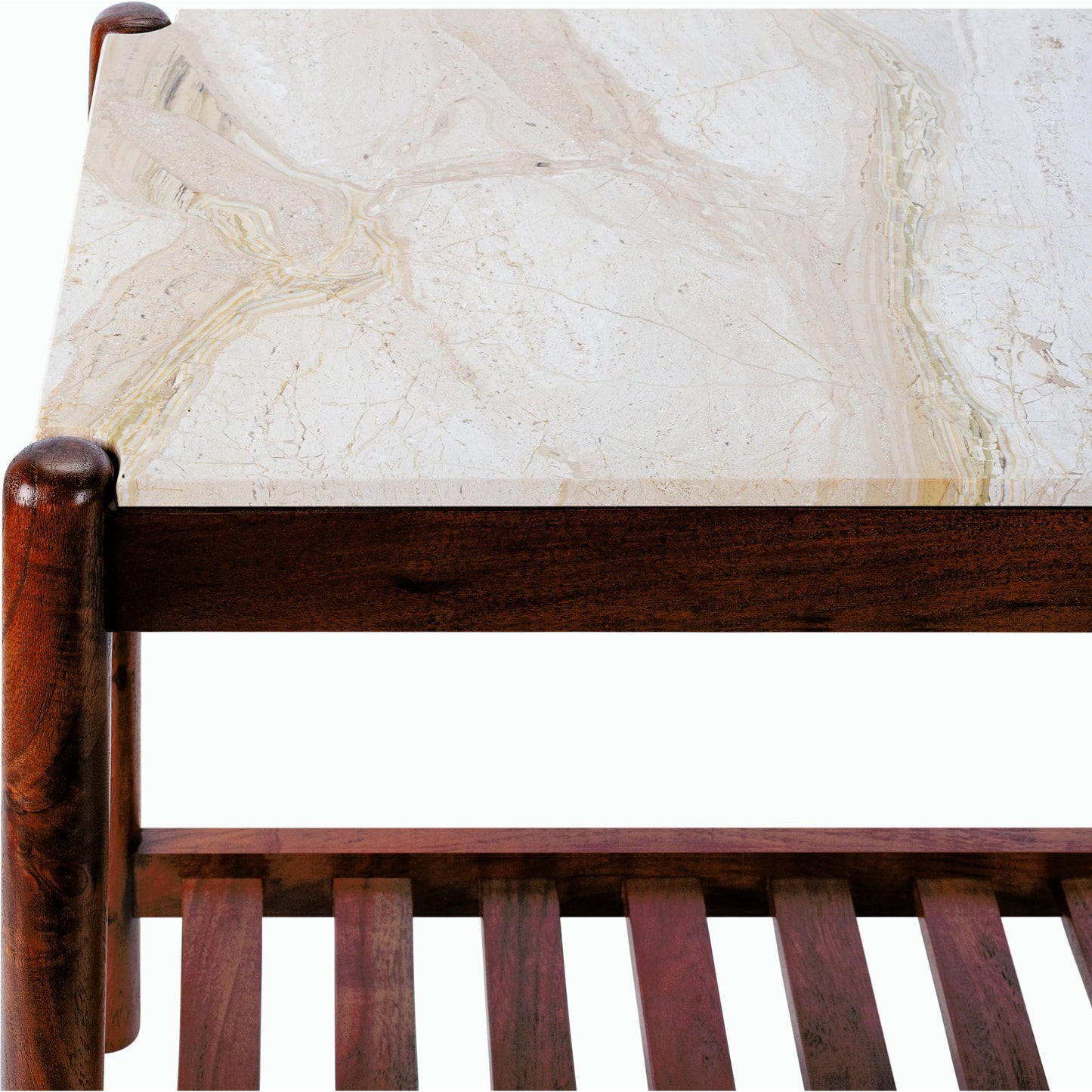 003 SI-2133403 | Closeup | Guapa - 532090 by Surya in cream, brown and brushed/marbled. Made from top: marble, base: acacia in a modern style.