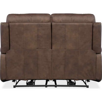 Duncan Power Loveseat by Hooker Furniture in kalahari bark. Made from leather, kalahari bark (semi-aniline top grain with splits) in a traditional style.