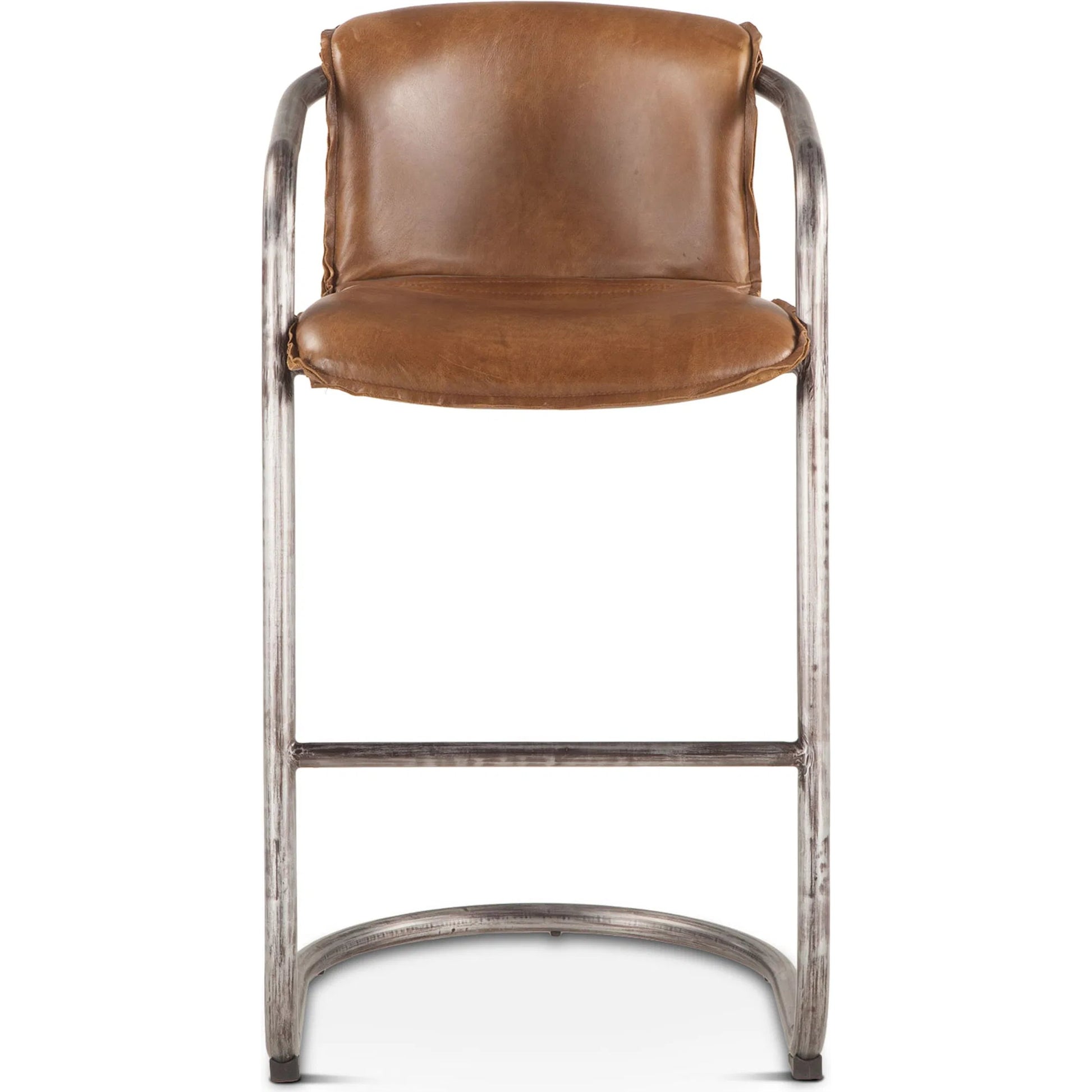 Chiavari Leather Bar Chair (Set of 2) by World Interiors in distressed, brushed gunmetal. Made from leather, steel in a unique style.