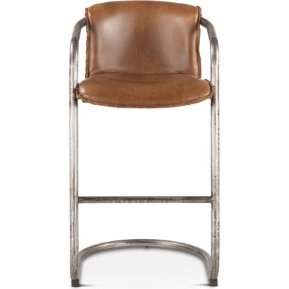 Chiavari Leather Bar Chair (Set of 2) by World Interiors in distressed, brushed gunmetal. Made from leather, steel in a unique style.