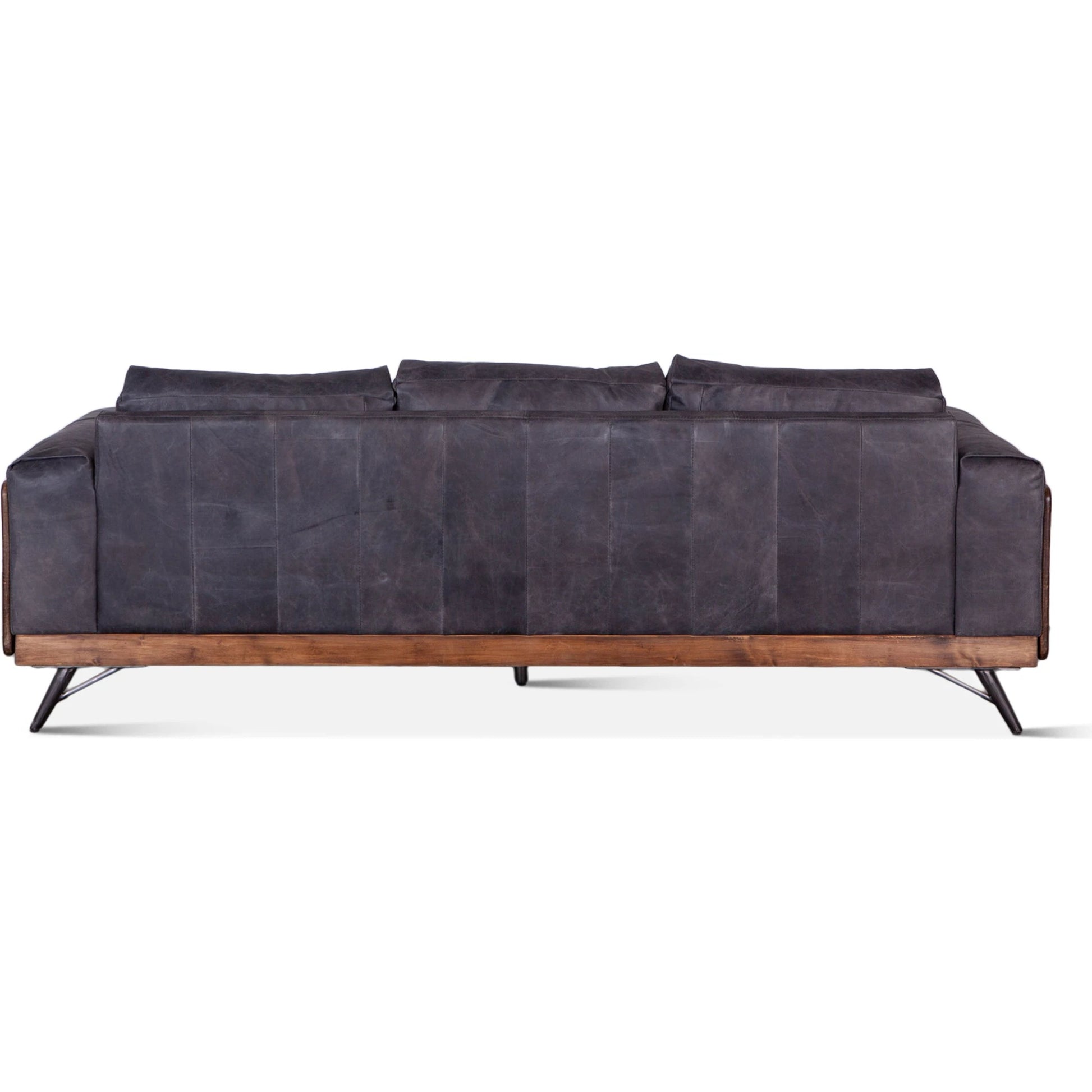 Chiavari Mid-Century Antique Ebony Leather Sofa by World Interiors in antique ebony, walnut, gunmetal. Made from leather, wood, iron in a transitional style.