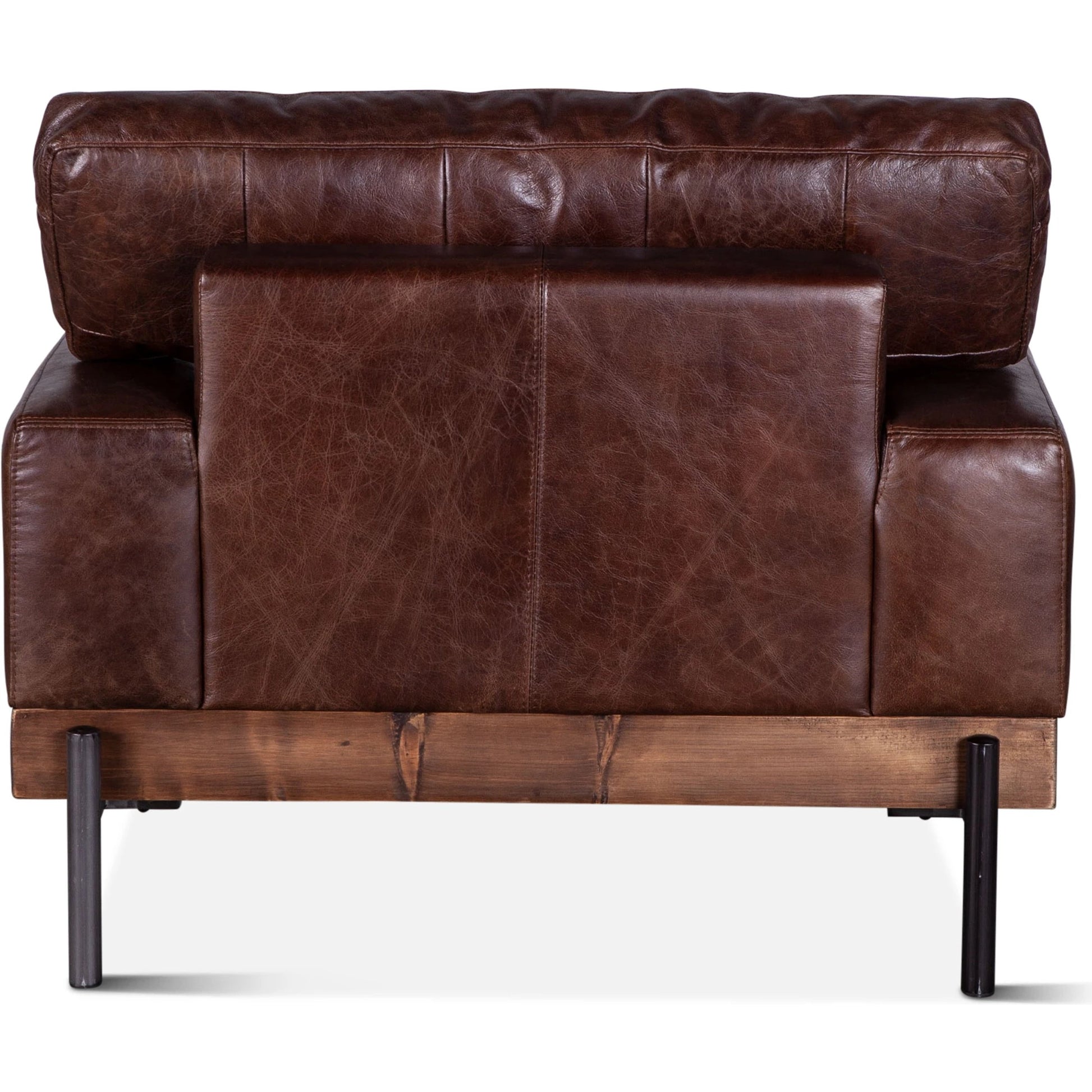 Chiavari Industrial Dover Brown Leather Armchair by World Interiors in geisha brown, antique zinc, medium walnut. Made from leather, iron, oak in a transitional style.