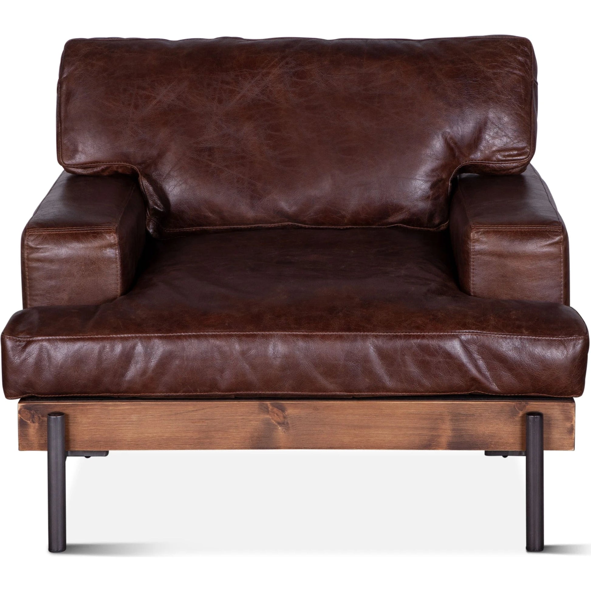 Chiavari Industrial Dover Brown Leather Armchair by World Interiors in geisha brown, antique zinc, medium walnut. Made from leather, iron, oak in a transitional style.