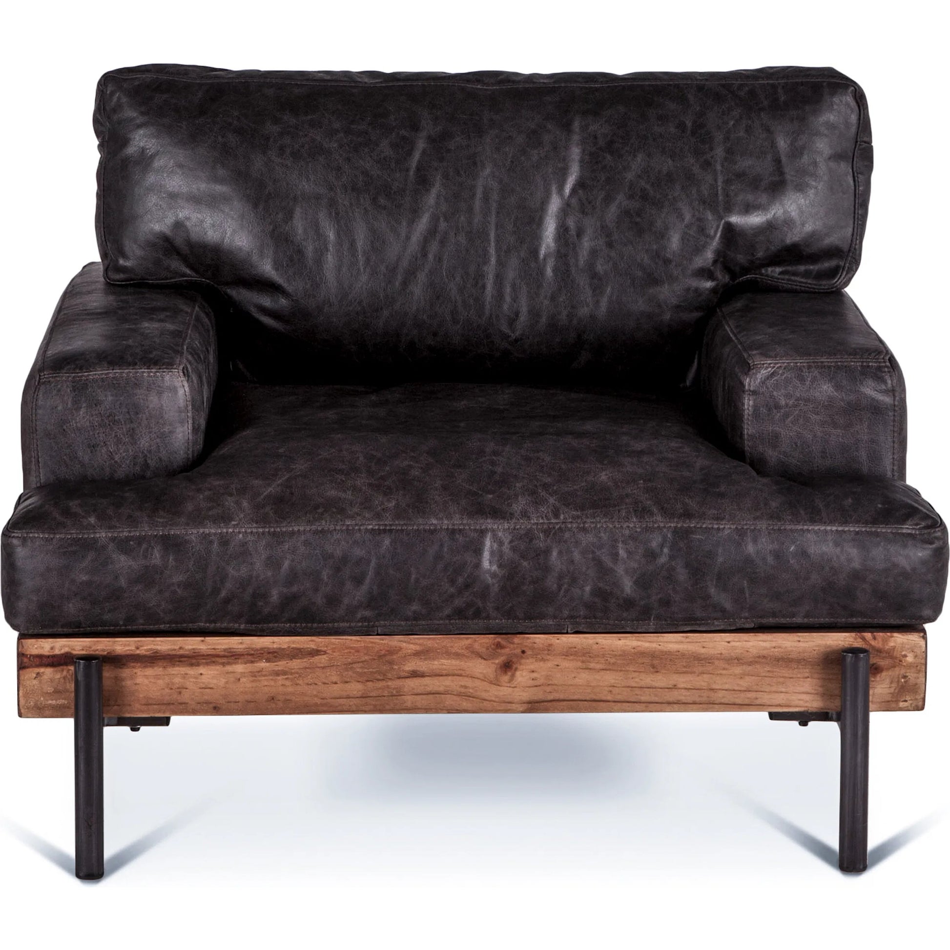 Chiavari Armchair by World Interiors in brown and distressed, antique zinc. Made from leather, iron, oak in a rustic style.