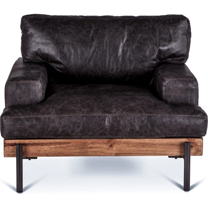 Chiavari Armchair by World Interiors in brown and distressed, antique zinc. Made from leather, iron, oak in a rustic style.