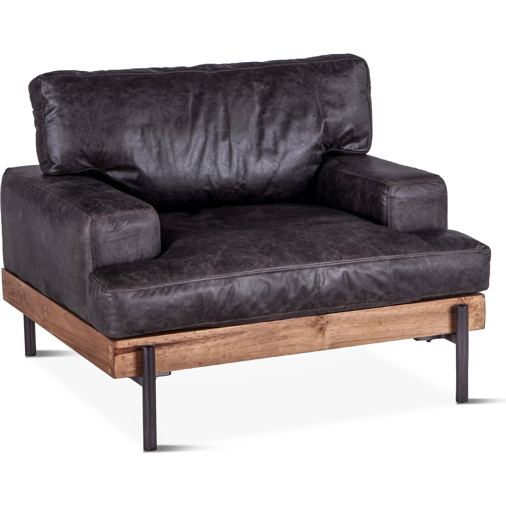 Chiavari Armchair by World Interiors in brown and distressed, antique zinc. Made from leather, iron, oak in a rustic style.