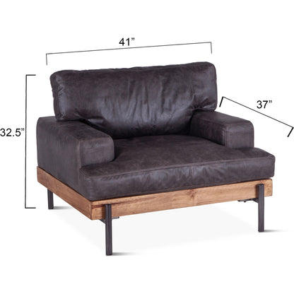 Chiavari Armchair by World Interiors in brown and distressed, antique zinc. Made from leather, iron, oak in a rustic style.