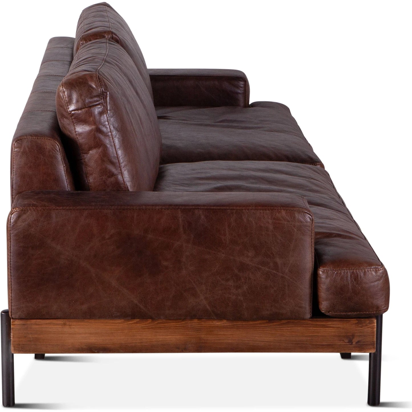 003 SI-2065539 | Additional Silo | Chiavari Industrial Vintage Dark Brown Leather Sofa by World Interiors in geisha brown, antique zinc, medium walnut. Made from leather, foam, oak wood & iron in a transitional style.