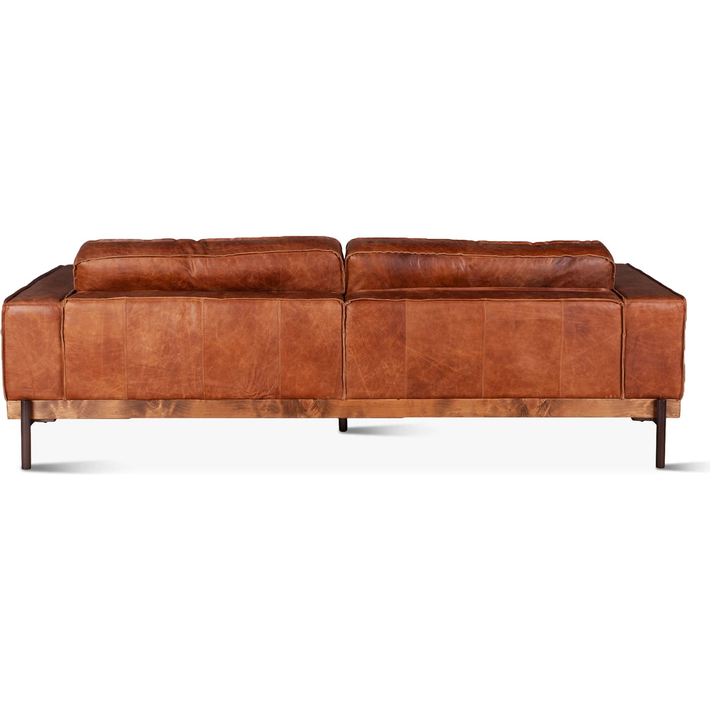 002 SI-2065543 | Additional Silo | Chiavari Modern Cognac Leather Sofa by World Interiors in cognac, antique zinc, oak. Made from leather, foam, oak wood & iron in a transitional style.