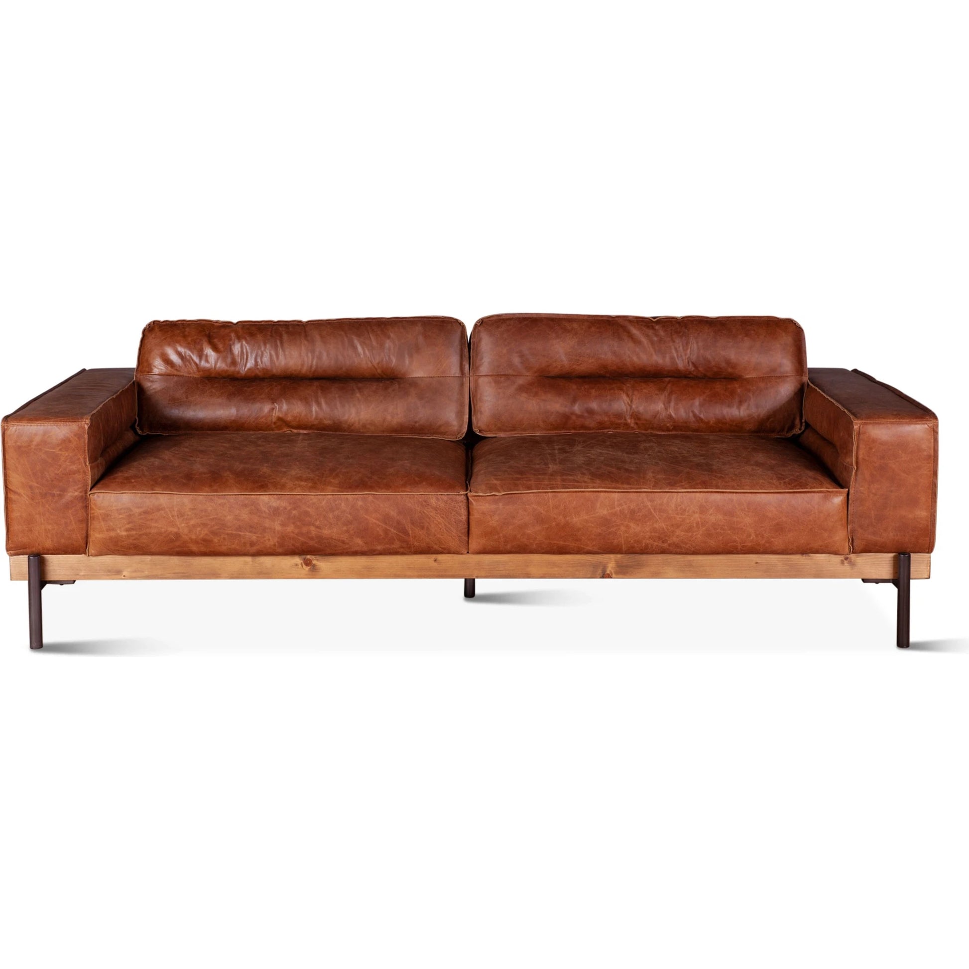 Chiavari Modern Cognac Leather Sofa by World Interiors in cognac, antique zinc, oak. Made from leather, foam, oak wood & iron in a transitional style.