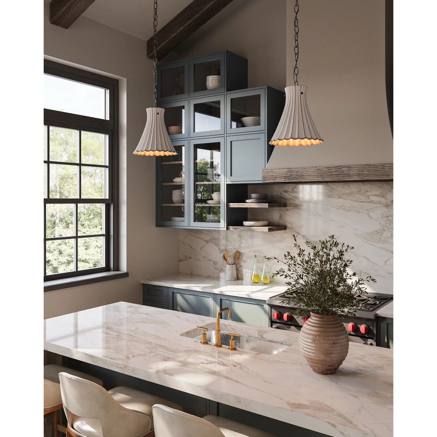 010 S-223969 | Lifestyle | Jazz Pendant by Currey and Company in satin black, white crackle. Made from wrought iron, terracotta in a coastal style.