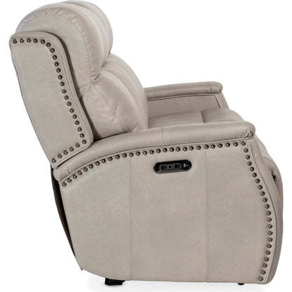 Rhea Zero Gravity Power Recline Sofa by Hooker Furniture in sahara ash. Made from leather in a traditional style.