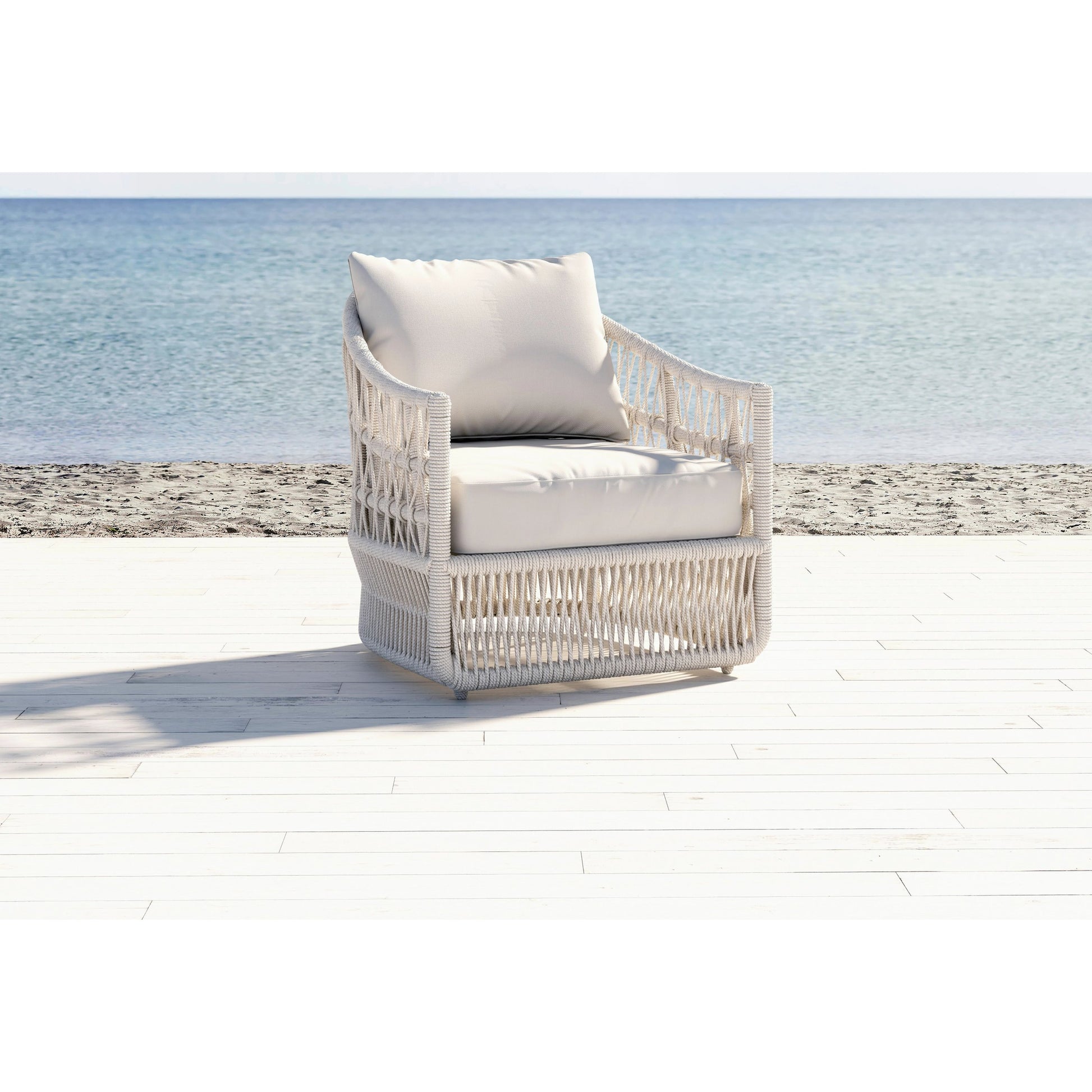 Dana Outdoor Rope Club Chair in Linen Canvas by Sunset West in whites/creams/beiges. Made from olefin rope in a coastal style.