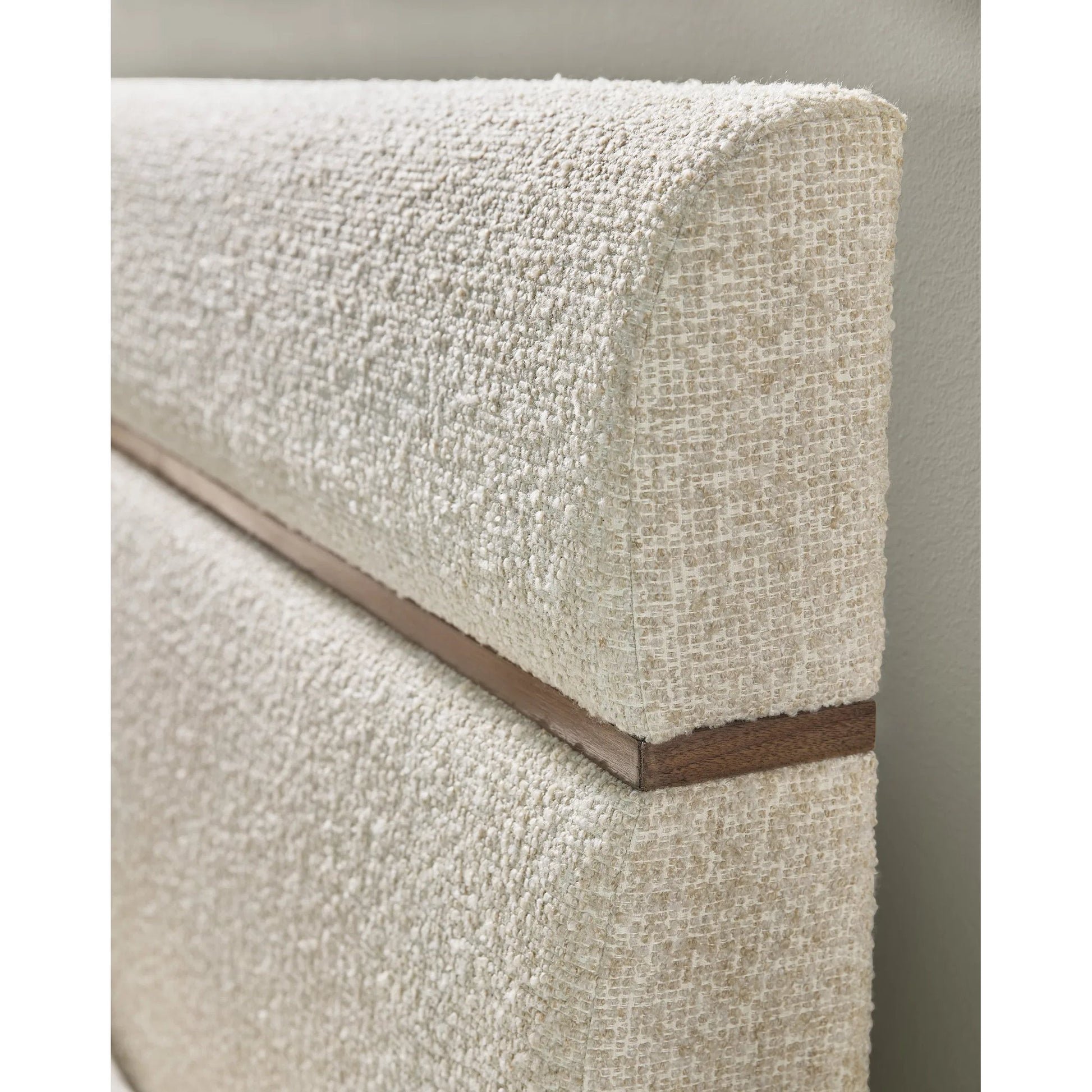 Eleana Upholstered Panel Bed by Hooker Furniture in beige and light caramel, quartered walnut veneers, sunlit bronze metal. Made from walnut veneers, fabric in a transitional style.