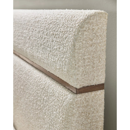 Eleana Upholstered Panel Bed by Hooker Furniture in beige and light caramel, quartered walnut veneers, sunlit bronze metal. Made from walnut veneers, fabric in a transitional style.