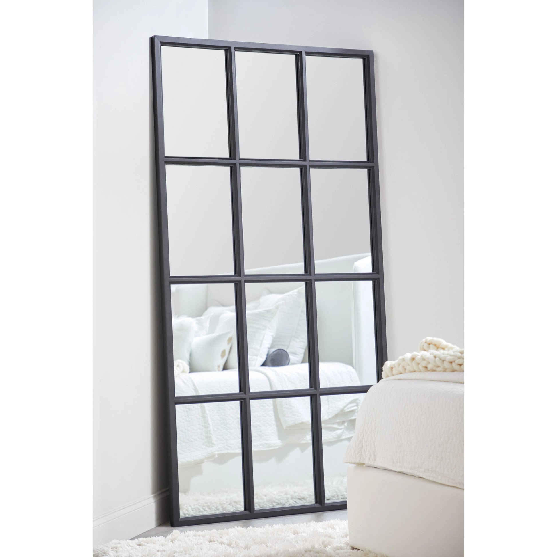 Grid Mirror by Essentials For Living in matte black. Made from solid oak in a transitional style.