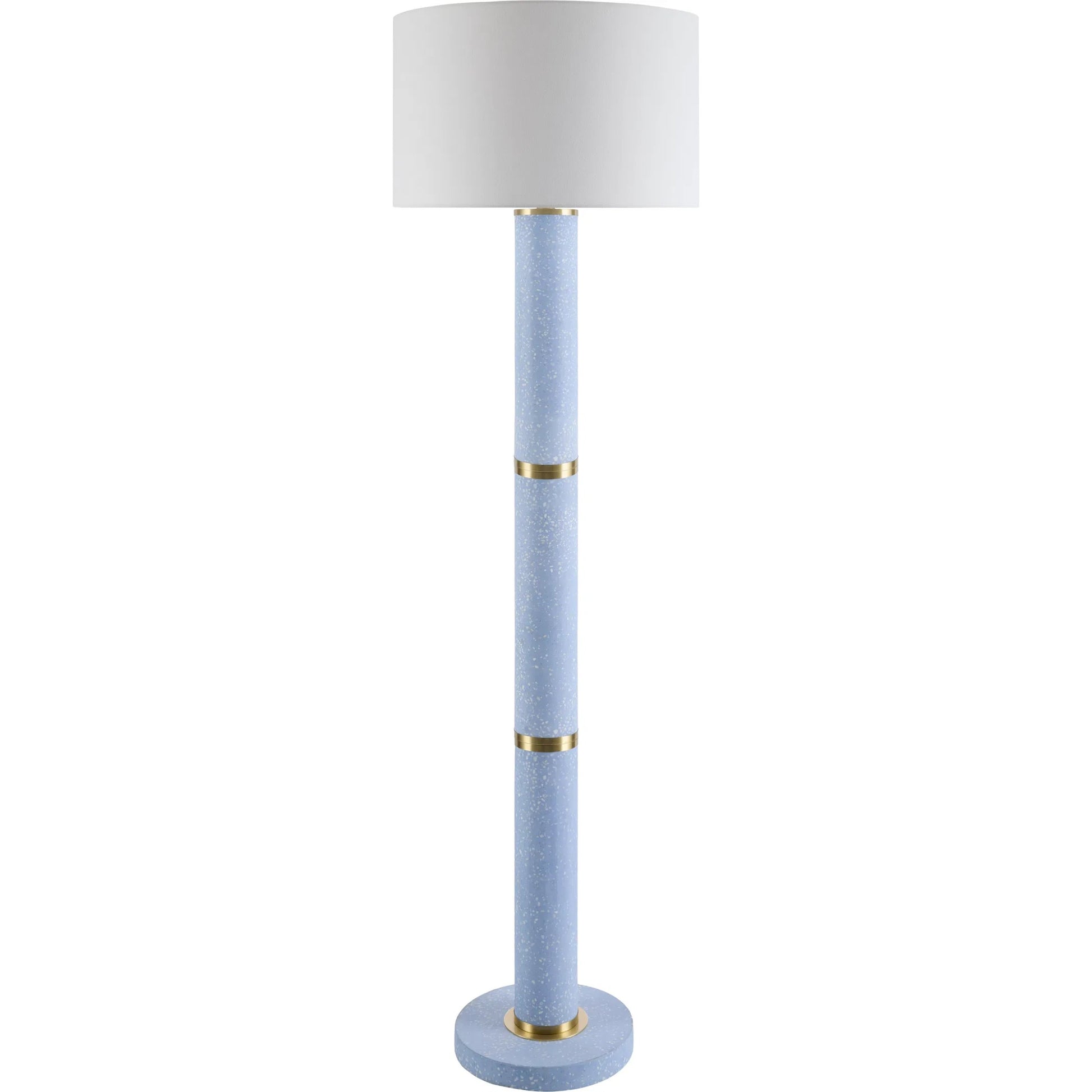 Garies Accent Floor Lamp 625296 by Livabliss in body: sky blue; base: sky blue; shade: white; finial: metallic - brass; harp: metallic - brass; cord: translucent and terrazzoterrazzoplated. Made from cement, linen, polyester