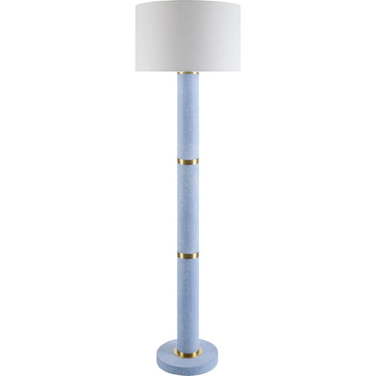 Garies Accent Floor Lamp 625296 by Livabliss in body: sky blue; base: sky blue; shade: white; finial: metallic - brass; harp: metallic - brass; cord: translucent and terrazzoterrazzoplated. Made from cement, linen, polyester