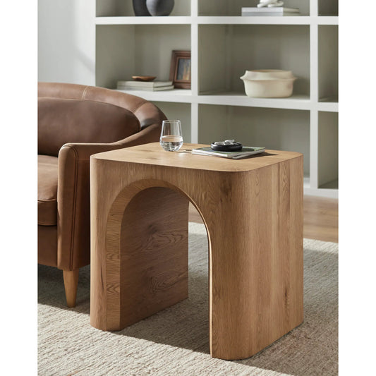 Grayson End Table by Surya in top: brown; base: brown and natural. Made from oak veneer in a unique style.