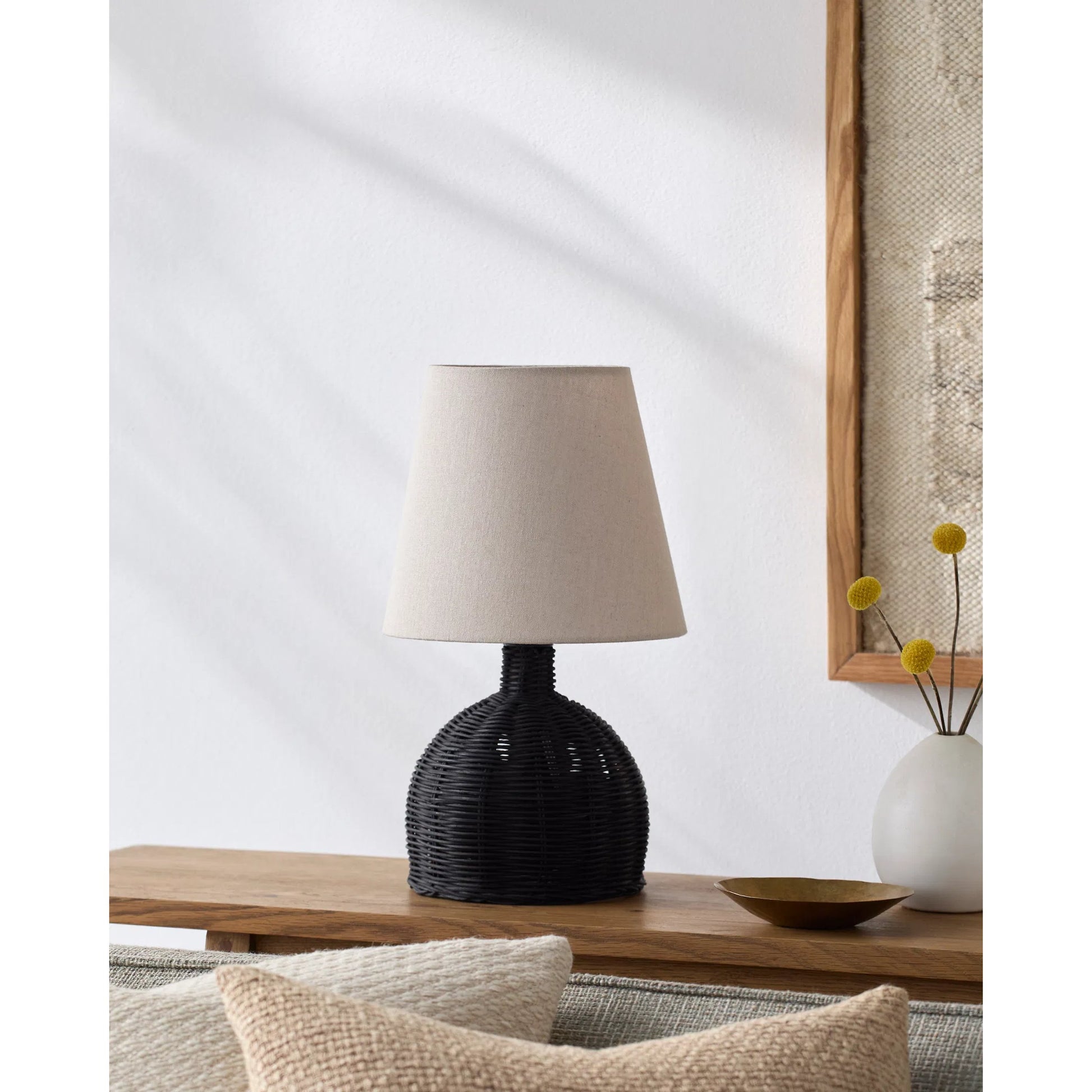 Grotta Accent Table Lamp by Surya in painted. Made from rattan, linen, plastic in a rustic style.