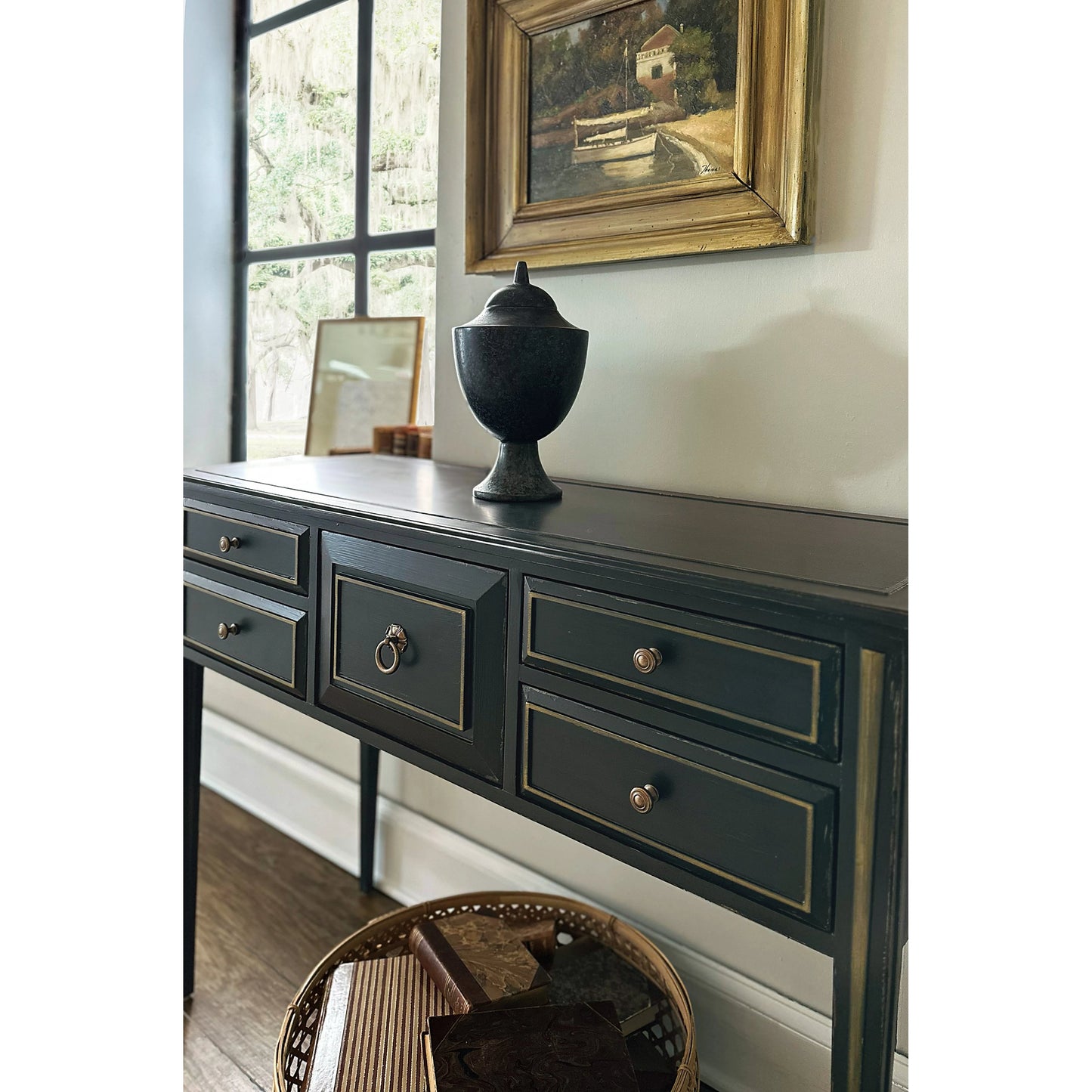 008 SI-2029017 | Lifestyle | Charleston Five-Drawer Console Table by Hooker Furniture in charleston green. Made from maple veneers in a transitional style.