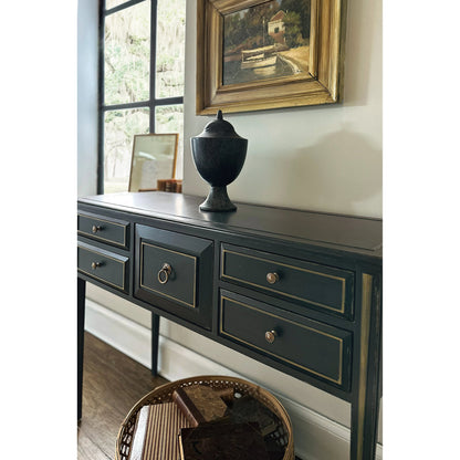 Charleston Five-Drawer Console Table by Hooker Furniture in charleston green. Made from maple veneers in a transitional style.